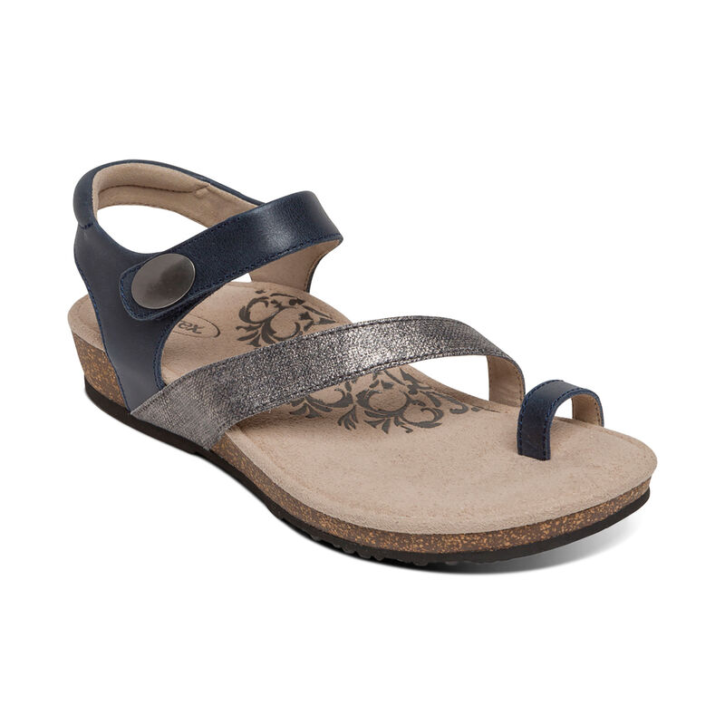 Aetrex Womens Georgia Toe Loop Sandals Navy - TQUpz0LzJ